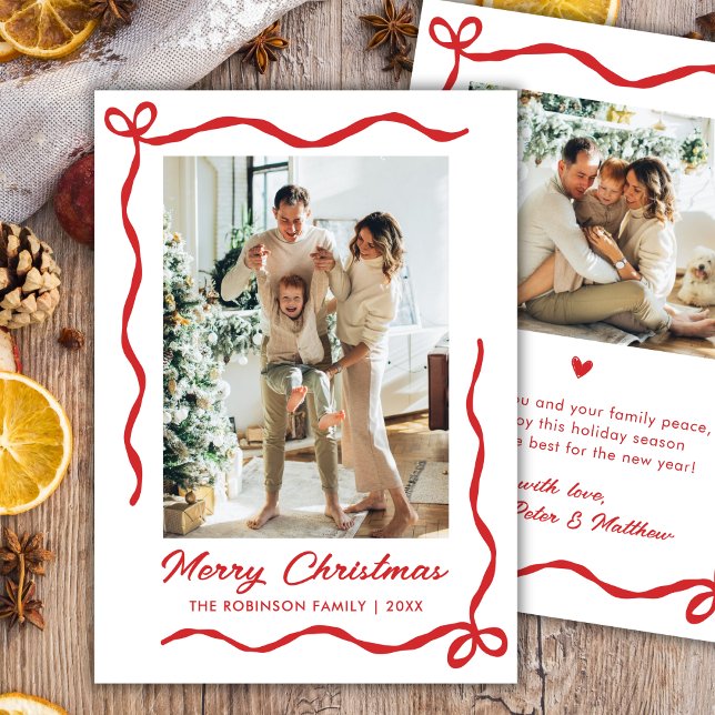 Cartão De Festividades Modern Hand Drawn Red Bow 2 Photo Merry Christmas (Criador carregado)