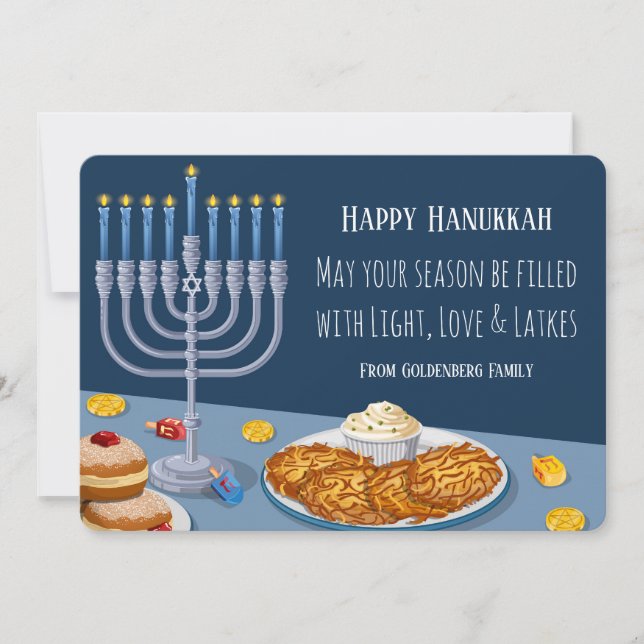 Cartão De Festividades Modern Hanukkah Card: Light, Love & Latkes Menorah (Frente)