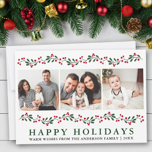 Cartão De Festividades Modern Happy Holidays Berries Greenery 3 Foto