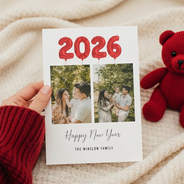 Cartão De Festividades Modern Happy New Year Photo Collage , 2026 Red (Criador carregado)