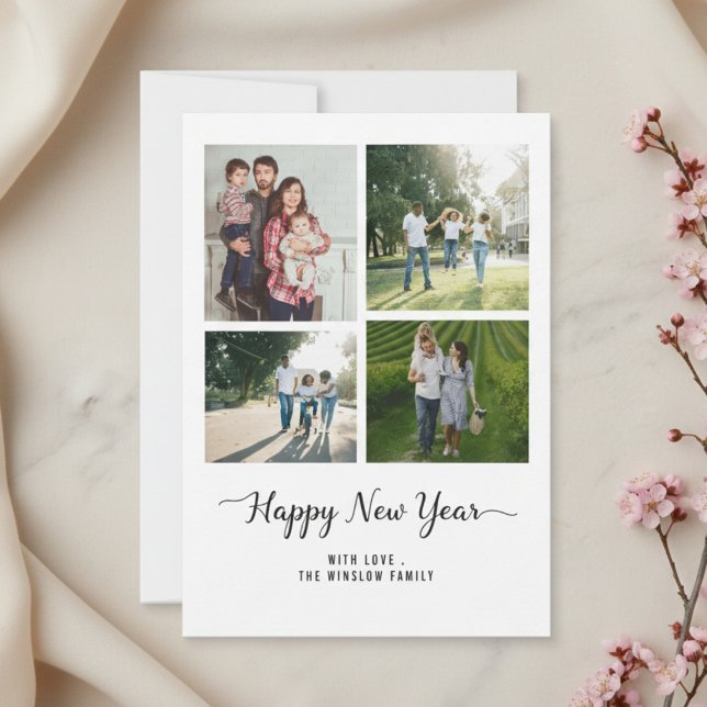 Cartão De Festividades Modern Happy New Year Photo Collage Card | Elegant (Criador carregado)