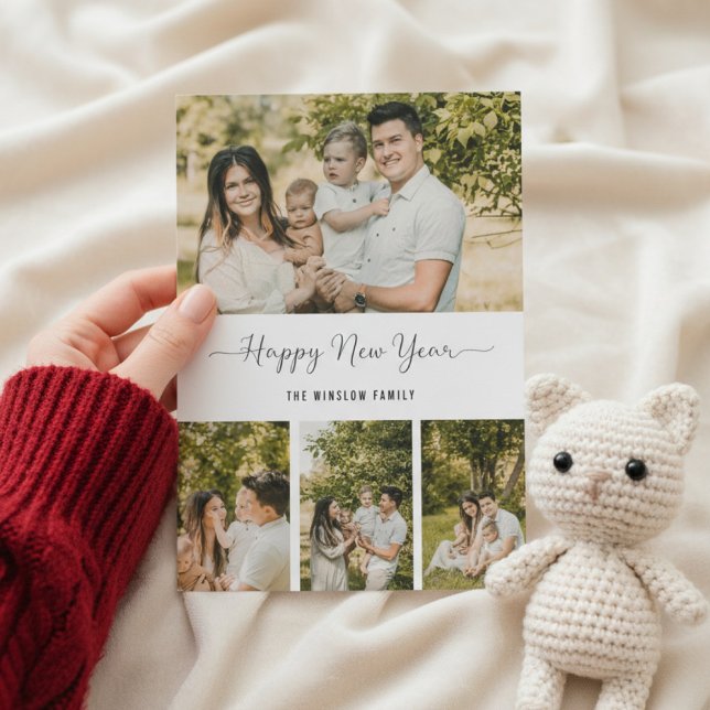 Cartão De Festividades Modern Happy New Year Photo Collage Card | Elegant (Criador carregado)
