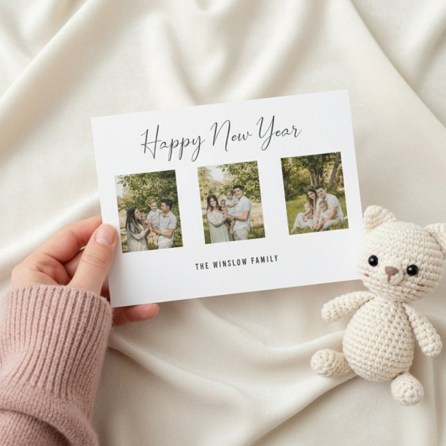 Cartão De Festividades Modern Happy New Year Photo Collage Card | Elegant (Criador carregado)