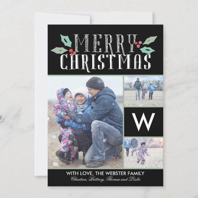 Cartão De Festividades Modern Hollies Monograma 3 Foto Natal (Frente)