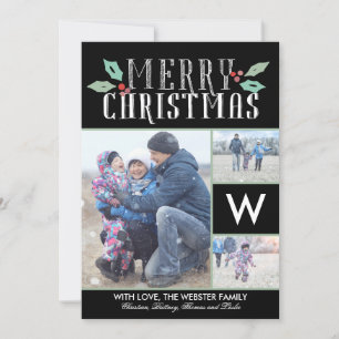 Cartão De Festividades Modern Hollies Monograma 3 Foto Natal