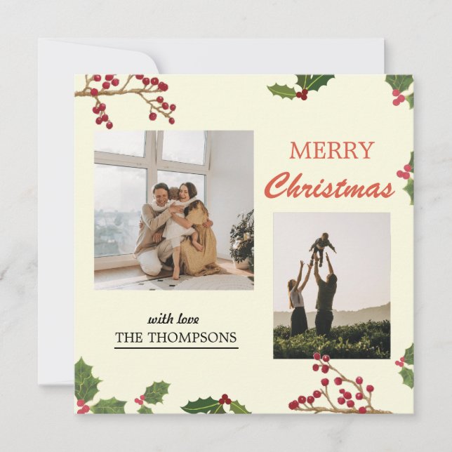 Cartão De Festividades Modern Holly Berries Feliz Natal 2 Foto (Frente)