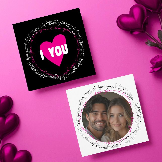 Cartão De Festividades Modern I Love You with Photo Circle black (Modern I Love You with Photo Circle black Holiday Card)