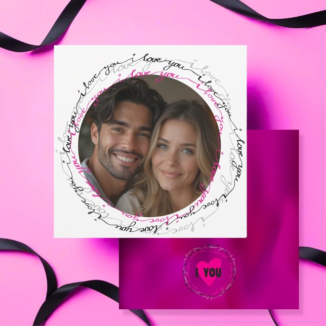 Cartão De Festividades Modern I Love You with Photo Circle Pink (Modern I Love You with Photo Circle Pink Holiday Card)
