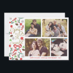 Cartão De Festividades Modern Joy To The World Holidays Photo Card<br><div class="desc">Photography by Gabriela Koopmans @ www.gabriela-photography.com Elegant Christmas card with places for four photos. Mistletoe, flowers, red berries and conifer cones illustrated together with a red ribbon. It reads "Joy to the World" in fancy, trendy script fonts. Personalize it with your family name and photos. ***PLEASE NOTE that if you...</div>