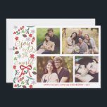 Cartão De Festividades Modern Joy To The World Holidays Photo Card<br><div class="desc">Photography by Gabriela Koopmans @ www.gabriela-photography.com Elegant Christmas card with places for four photos. Mistletoe, flowers, red berries and conifer cones illustrated together with a red ribbon. It reads "Joy to the World" in fancy, trendy script fonts. Personalize it with your family name and photos. ***PLEASE NOTE that if you...</div>