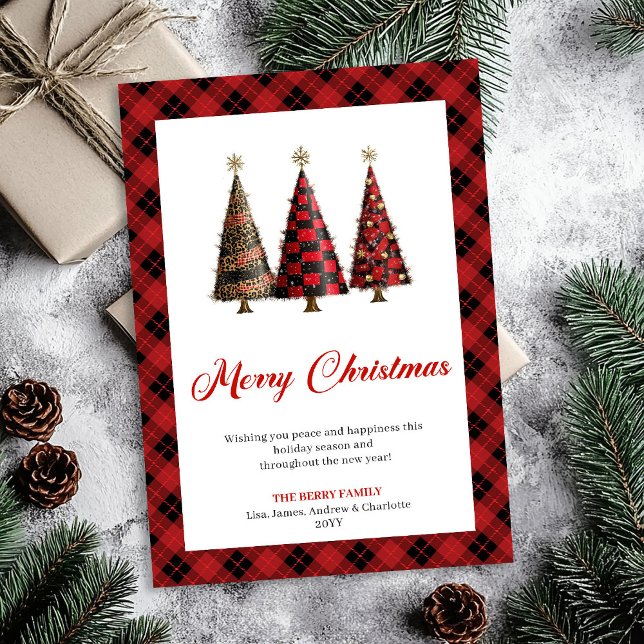 Cartão De Festividades Modern leopard Christmas tree buffalo plaid card (Buffalo Christmas trees greeting card,
Red black plaid tartan Christmas,
Personalized watercolor Chr)