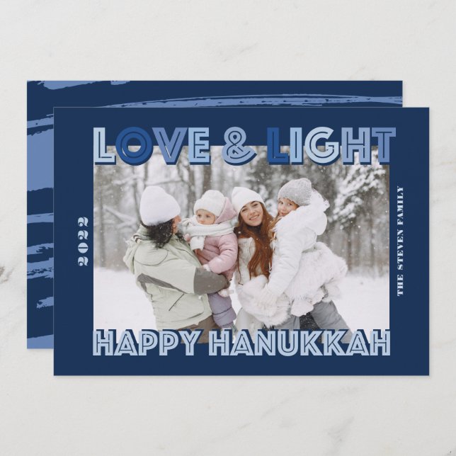 Cartão De Festividades Modern Love light Happy Hanukkah blue script (Frente/Verso)