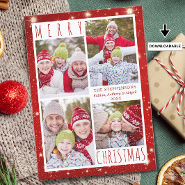 Cartão De Festividades Modern MERRY CHRISTMAS 4 Foto Collage Red Lights