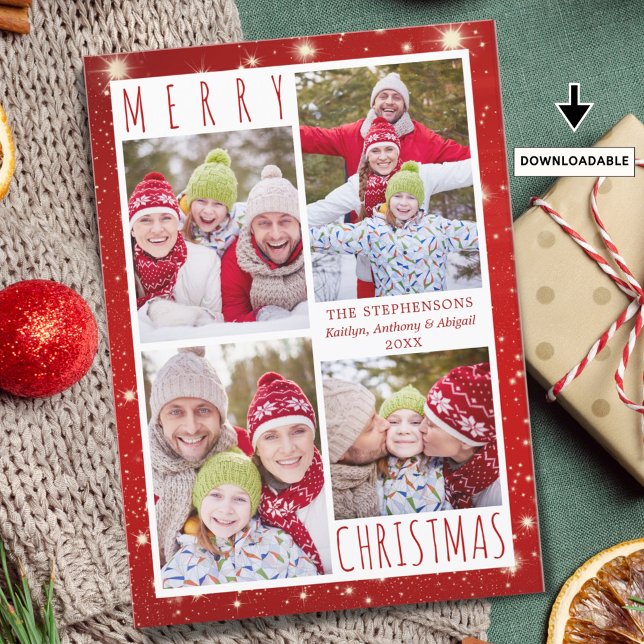 Cartão De Festividades Modern MERRY CHRISTMAS 4 Foto Collage Red Lights (Criador carregado)