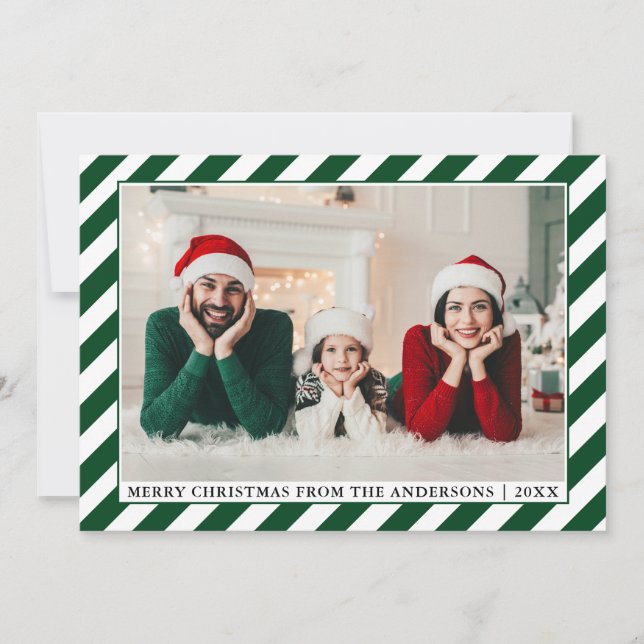 Cartão De Festividades Modern Merry Christmas Photo Green Stripes (Frente)