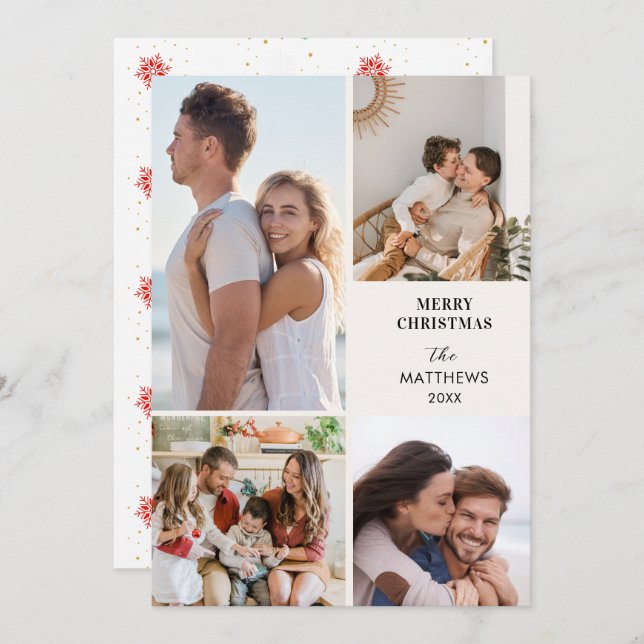 Cartão De Festividades Modern Minimal Four Photo Collage Christmas (Frente/Verso)