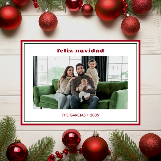Cartão De Festividades Modern Minimal Red Border Photo Feliz Navidad (Criador carregado)