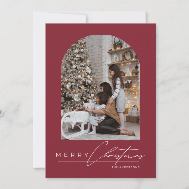 Cartão De Festividades Modern Minimal Script Arch Photo Red Christmas (Frente)