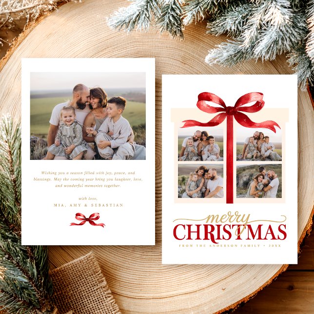 Cartão De Festividades Modern Minimalist Christmas Red Photo (Criador carregado)