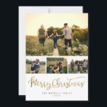 Cartão De Festividades Modern Minimalist Merry Christmas 4 Photo Collage<br><div class="desc">Create your very own holiday card with our easy-to-use templates! Featuring a 4 photo collage for you to easily replace with your photos. "Merry Christmas" is shown in a modern faux gold foil script with your family name and year in a minimalist style typography. Reversing to a greige background with...</div>