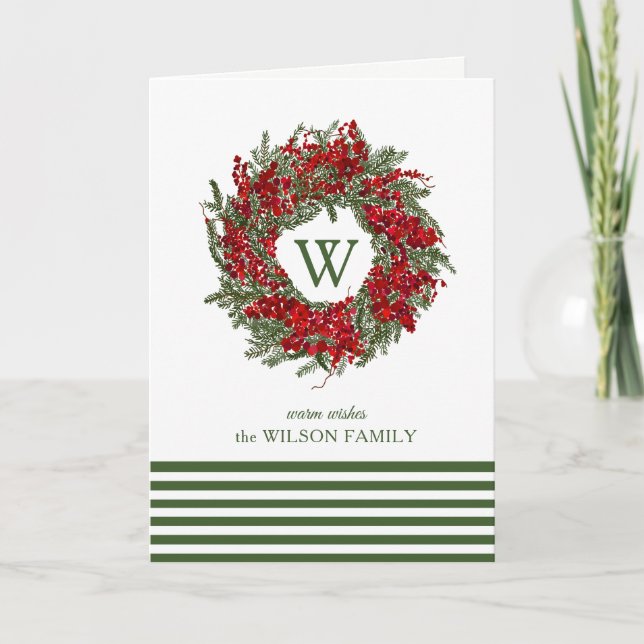 Cartão De Festividades Modern Monogram Christmas Wreath Greeting Card (Frente)