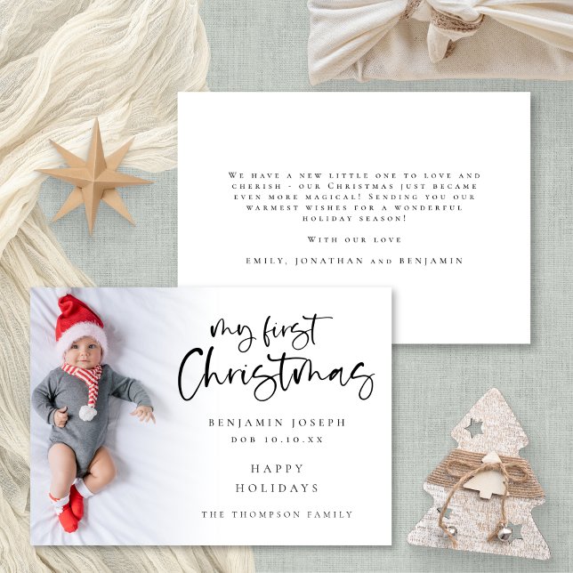 Cartão De Festividades Modern My First Christmas Baby Custom Photo (Front and back view. Available digitally or printed.)