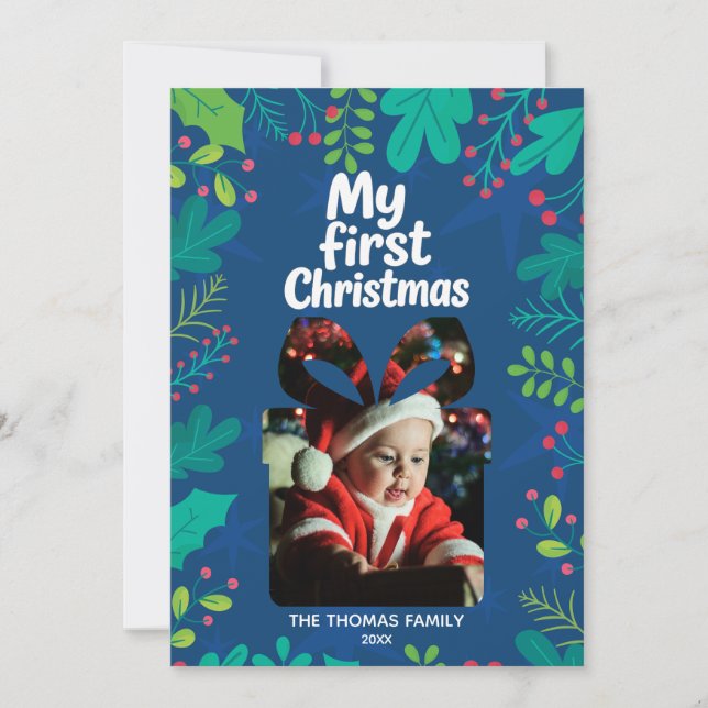 Cartão De Festividades Modern “My First Christmas” Baby Photo Card (Frente)