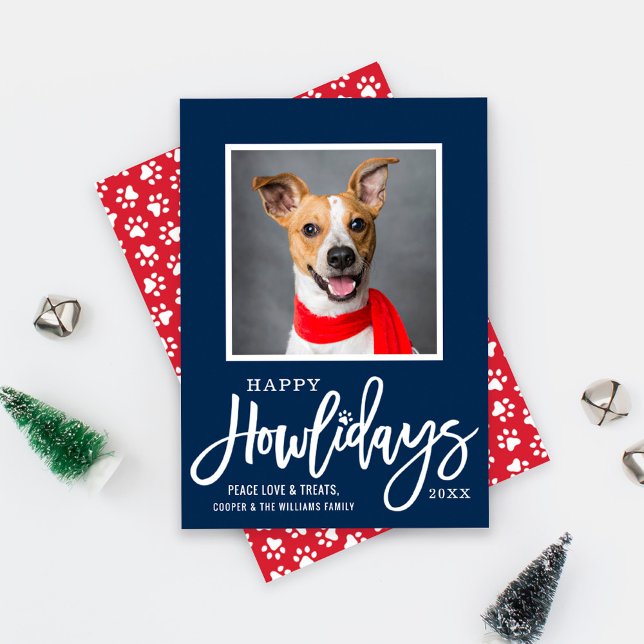 Cartão De Festividades Modern Navy Blue Happy Howlidays Puppy Dog Photo (Criador carregado)