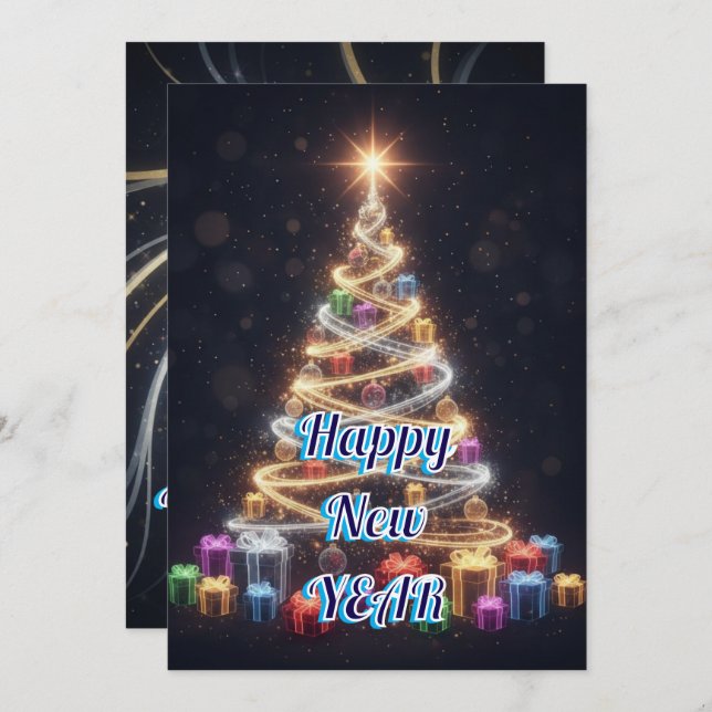 Cartão De Festividades Modern Neon Christmas Tree New Year Holiday Card (Frente/Verso)