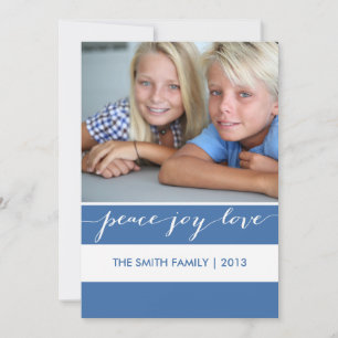 Cartão De Festividades Modern Peace, Joy, Love Holiday Photo Card   Blue