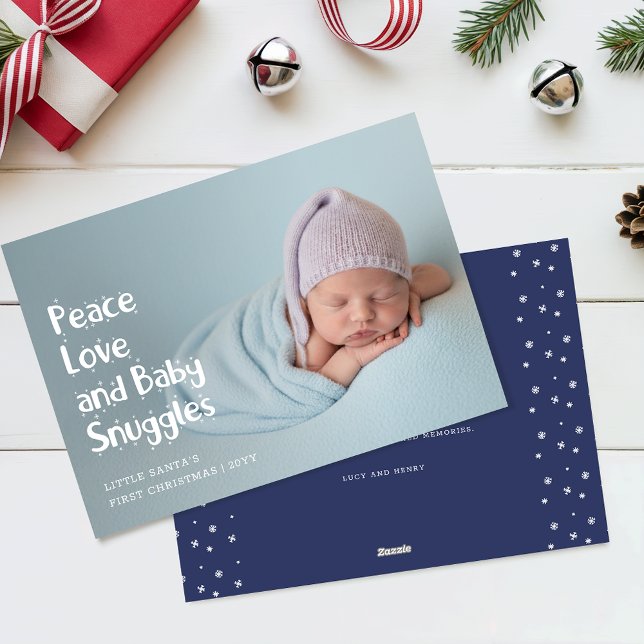 Cartão De Festividades Modern Peace Love Cute Baby First Christmas Photo (Criador carregado)