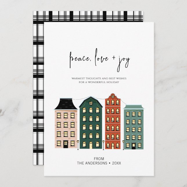 Cartão De Festividades Modern Peace Love & Joy Christmas Town (Frente/Verso)