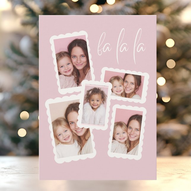 Cartão De Festividades Modern Pink “Fa La La” Multi Photo Christmas  (Criador carregado)
