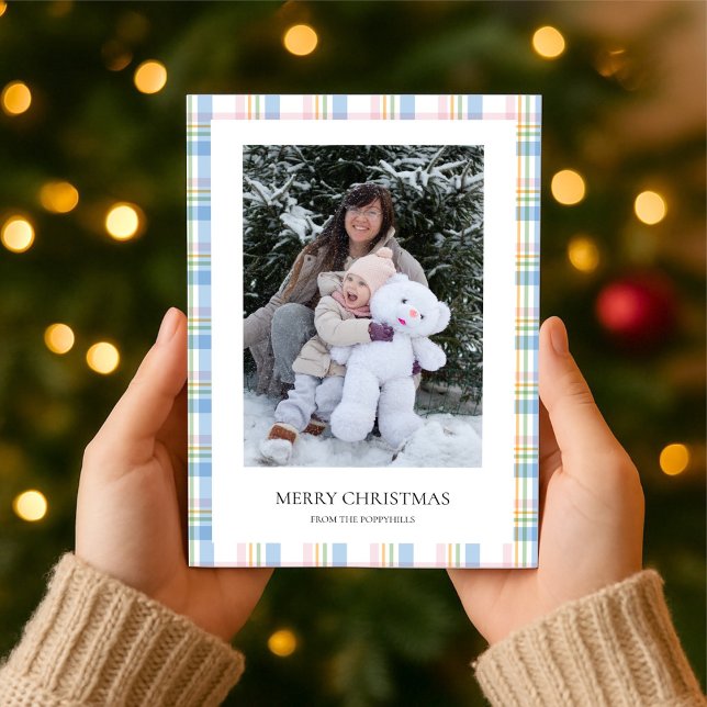 Cartão De Festividades Modern Pink Plaid Check Christmas Photo Card (Criador carregado)