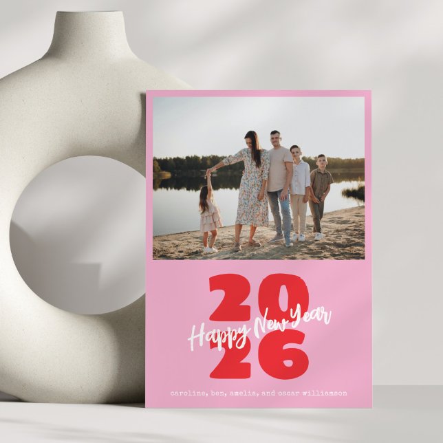 Cartão De Festividades Modern Pink Red Family New Year Photo Playful (Criador carregado)