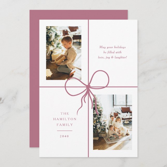Cartão De Festividades Modern Pink Ribbon Bow Wrap 2 Photo Christmas (Frente/Verso)