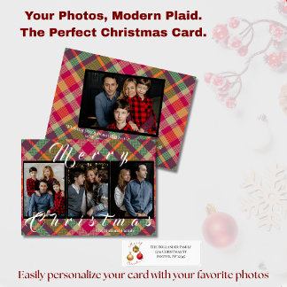 Cartão De Festividades Modern Plaid Tartan 4 Photo Christmas Holiday Card