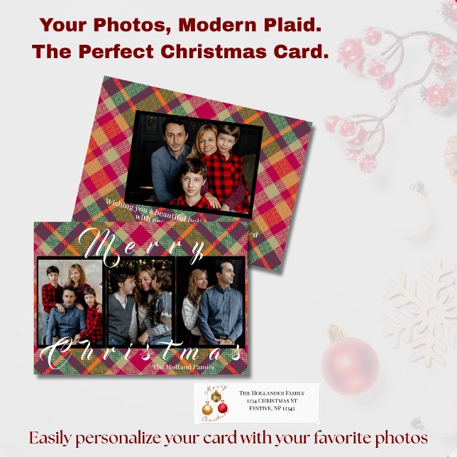 Cartão De Festividades Modern Plaid Tartan 4 Photo Christmas Holiday Card (Criador carregado)