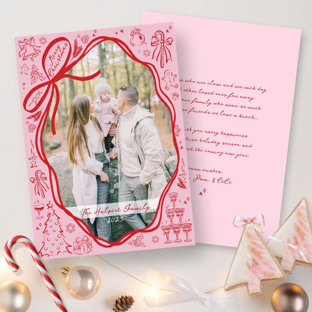 Cartão De Festividades Modern Quirky Bow Christmas Scribbles Photo (Cute pink and red bow frame hand drawn quirky Christmas scribbles simple best photo holiday card )