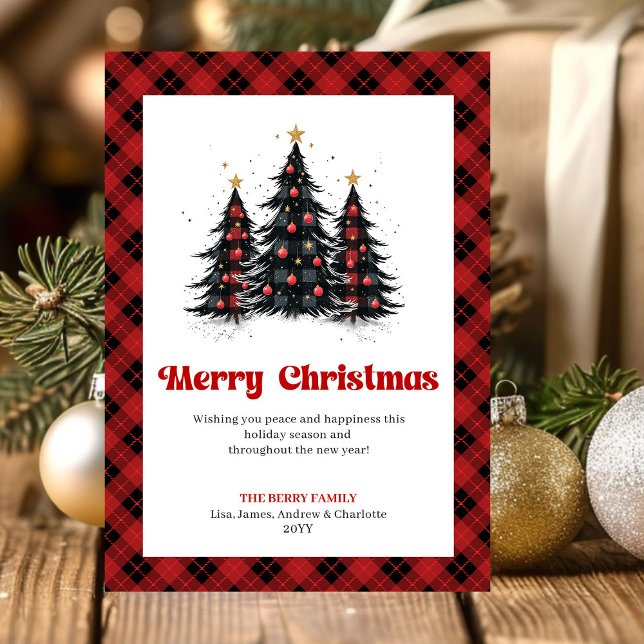 Cartão De Festividades Modern Red Black Plaid Christmas Greeting (Modern Red Black Plaid Christmas Greeting Holiday Card)