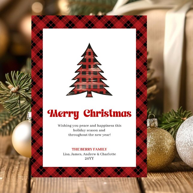 Cartão De Festividades Modern Red Black Tartan Christmas Greeting Card (Modern Red Black Tartan Christmas Greeting Card)