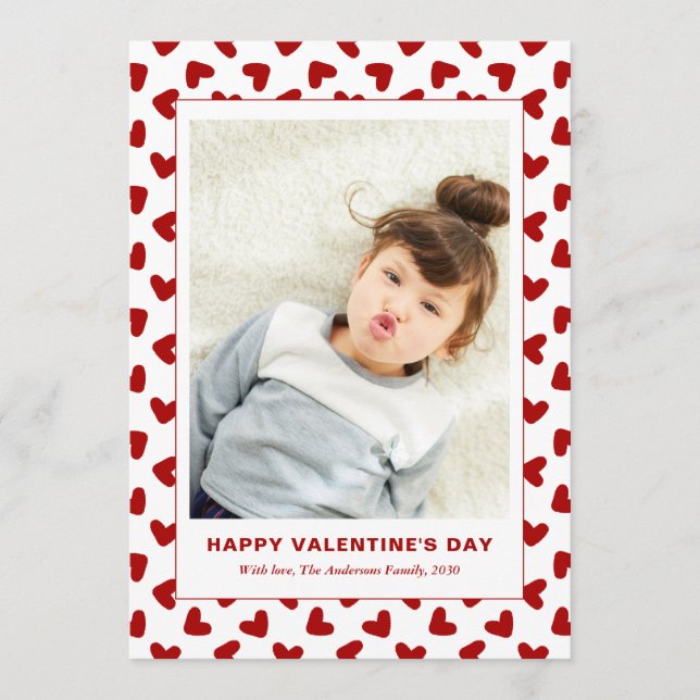Cartão De Festividades Modern Red Hearts Pattern One Photo Valentines Day (Frente)