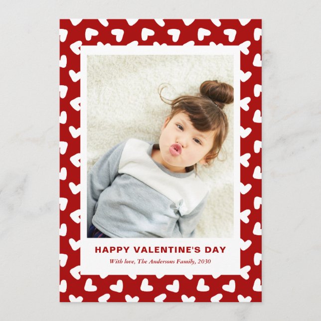 Cartão De Festividades Modern Red Hearts Pattern One Photo Valentines Day (Frente)