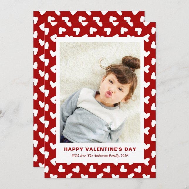 Cartão De Festividades Modern Red Hearts Pattern One Photo Valentines Day (Frente/Verso)