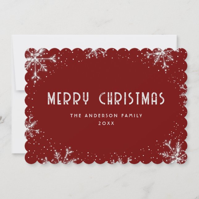 Cartão De Festividades Modern Red Silver Snowflake Snow Christmas Card (Frente)