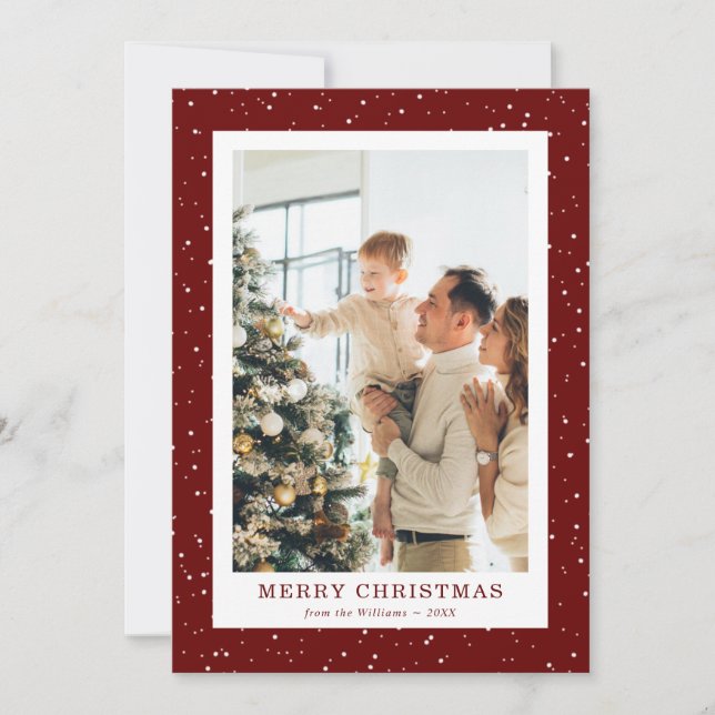 Cartão De Festividades Modern Red Snow Photo Christmas Card (Frente)