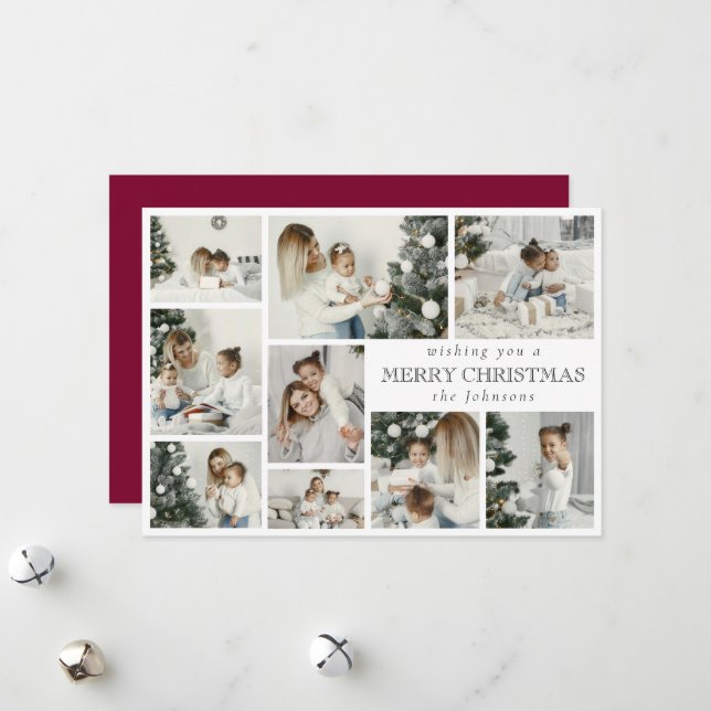 Cartão De Festividades Modern Red Stylish Multi Photo Grid Holiday Card (Frente/Verso In Situ)