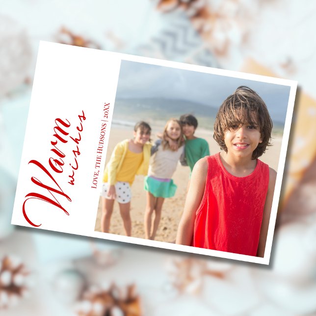 Cartão De Festividades Modern Red Warm Wishes Two Beach Family Photo  (Criador carregado)
