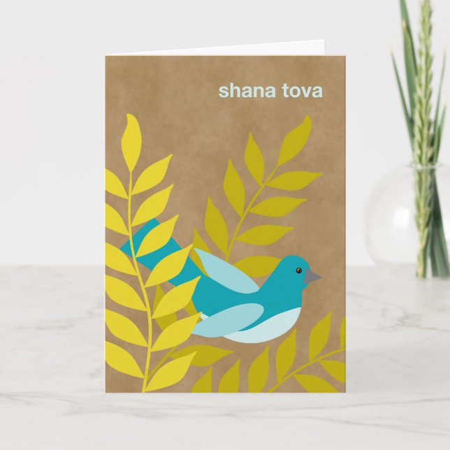 Cartão De Festividades Modern Rosh Hashanah Blue Bird on Kraft Paper Look (Frente)