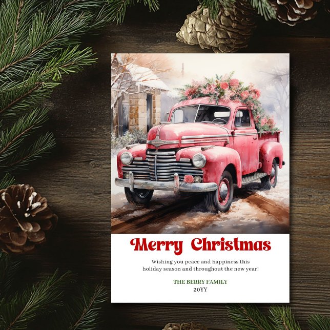 Cartão De Festividades Modern rustic Christmas scene pink truck card art (Modern rustic Christmas scene pink car card art)
